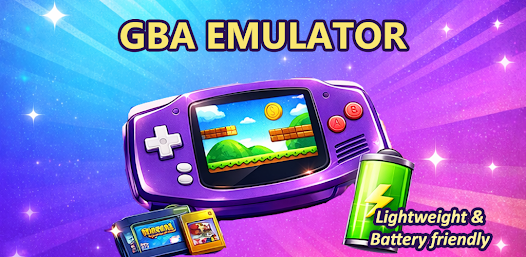 GBA Emulator promotional graphic highlighting lightweight and battery-friendly performance