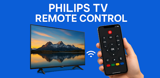 Philips TV Remote Control feature graphic showing phone connected to a Philips TV